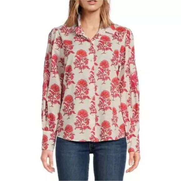 RO'S GARDEN red/white floral Long Sleeve Button Down Shirt with Collar sz XL - Picture 1 of 13